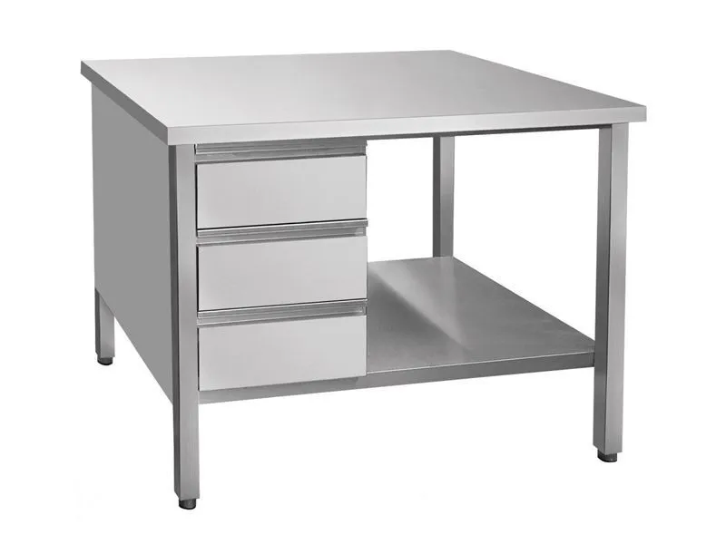 Стол с тумбой островной, нерж.ст., 3 ящика + полка, 1000x702x860 мм