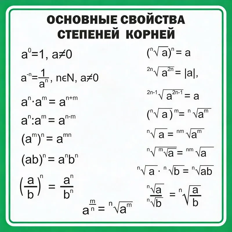 Стенд Основные свойства степеней корней