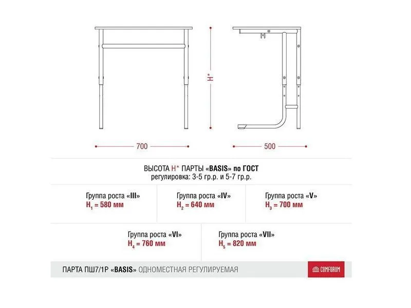 Одноместная парта Basis, регулируемая по росту