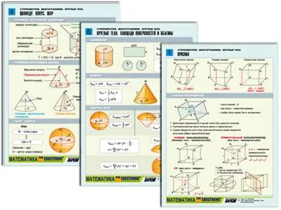 Комплект таблиц по геометрии раздат. Стереометрия. Многогранники. Круглые тела, 6 шт., А4