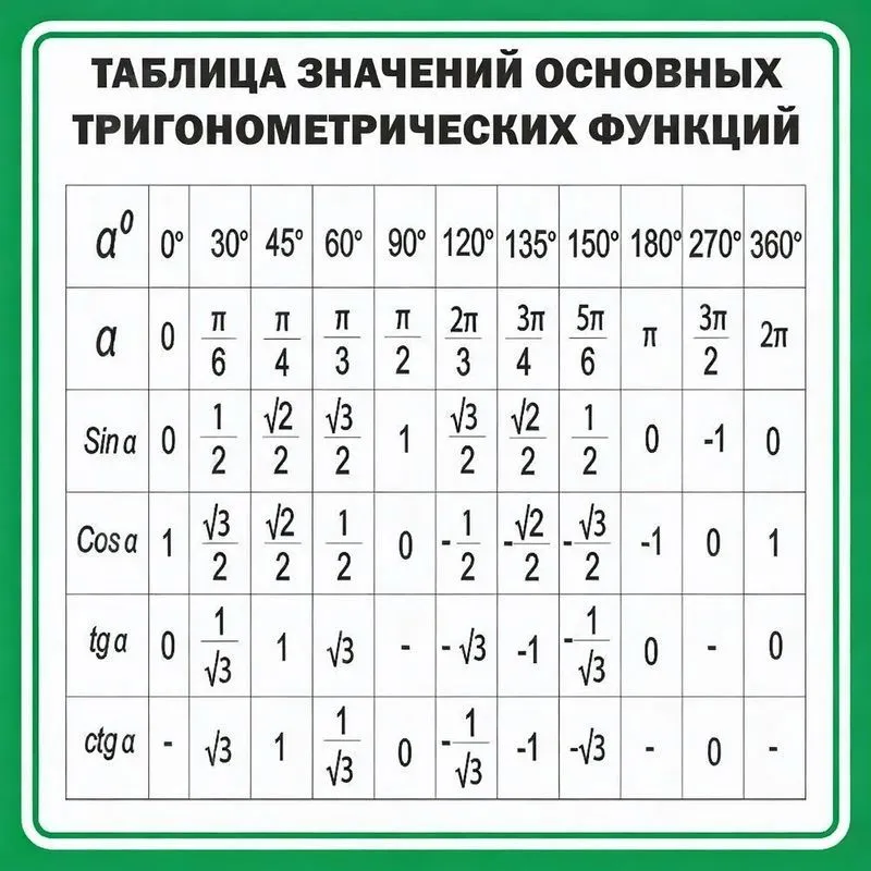Стенд «Таблица значений основных тригонометрических функций» (100х100 см)