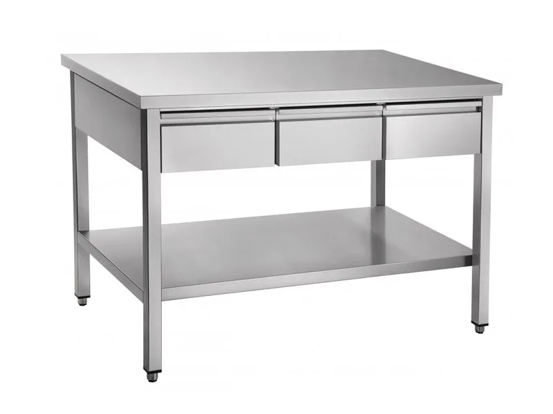 Стол для кухни, нерж.ст., 3 ящика + 1 полка, 120х70х86 см