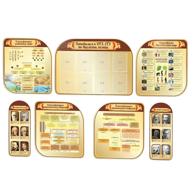 Комплект резных стендов для кабинета химии и биологии, 7 шт.