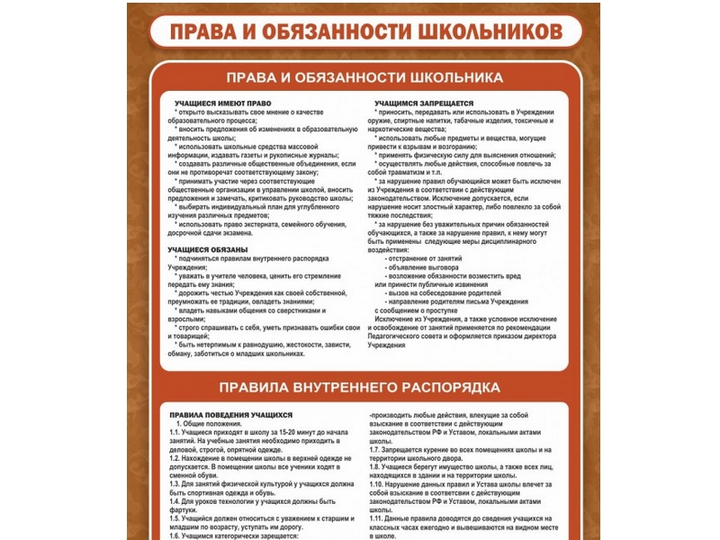 Стенд Права и обязанности школьников 90х120 см