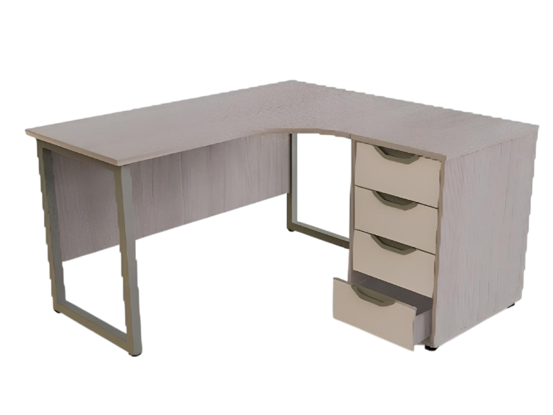 Стол офисный угловой на О-образном каркасе с приставной тумбой 4 ящика