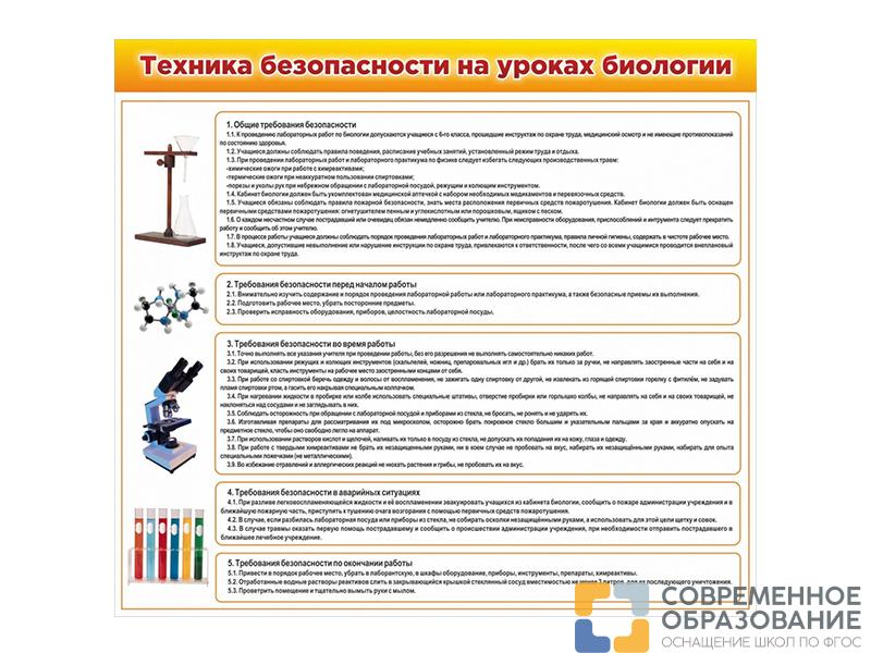 Стенд Техника безопасности на уроках биологии 100х90 см