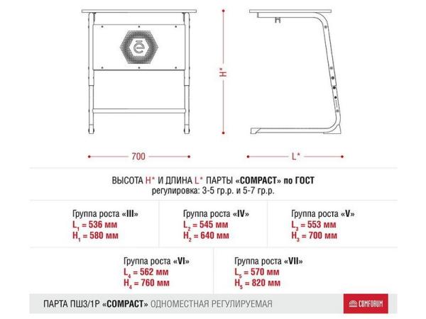 Одноместная парта Compact, регулируемая по росту (цвет в ассортименте)