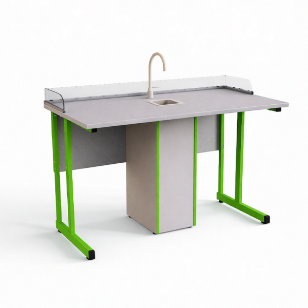 Стол ученический прямоугольная труба с сантехникой и бортом Оргстекло