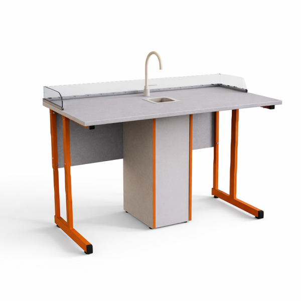 Стол ученический прямоугольная труба с сантехникой и бортом Оргстекло