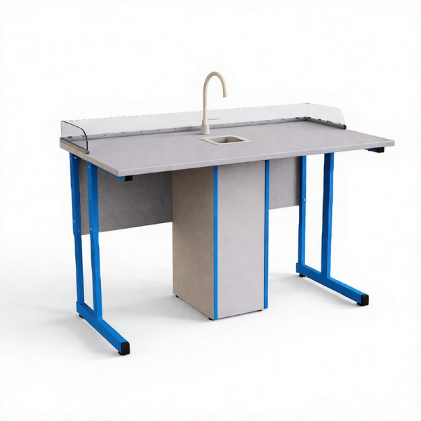 Стол ученический прямоугольная труба с сантехникой и бортом Оргстекло